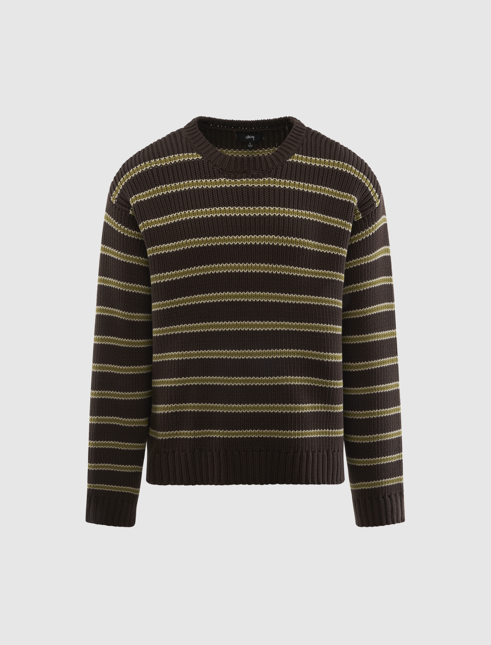 The STRIPE CREW is a brown Stüssy sweater with yellow horizontal stripes, long sleeves, and ribbed crew neck, cuffs, and hem, shown on a light gray background.