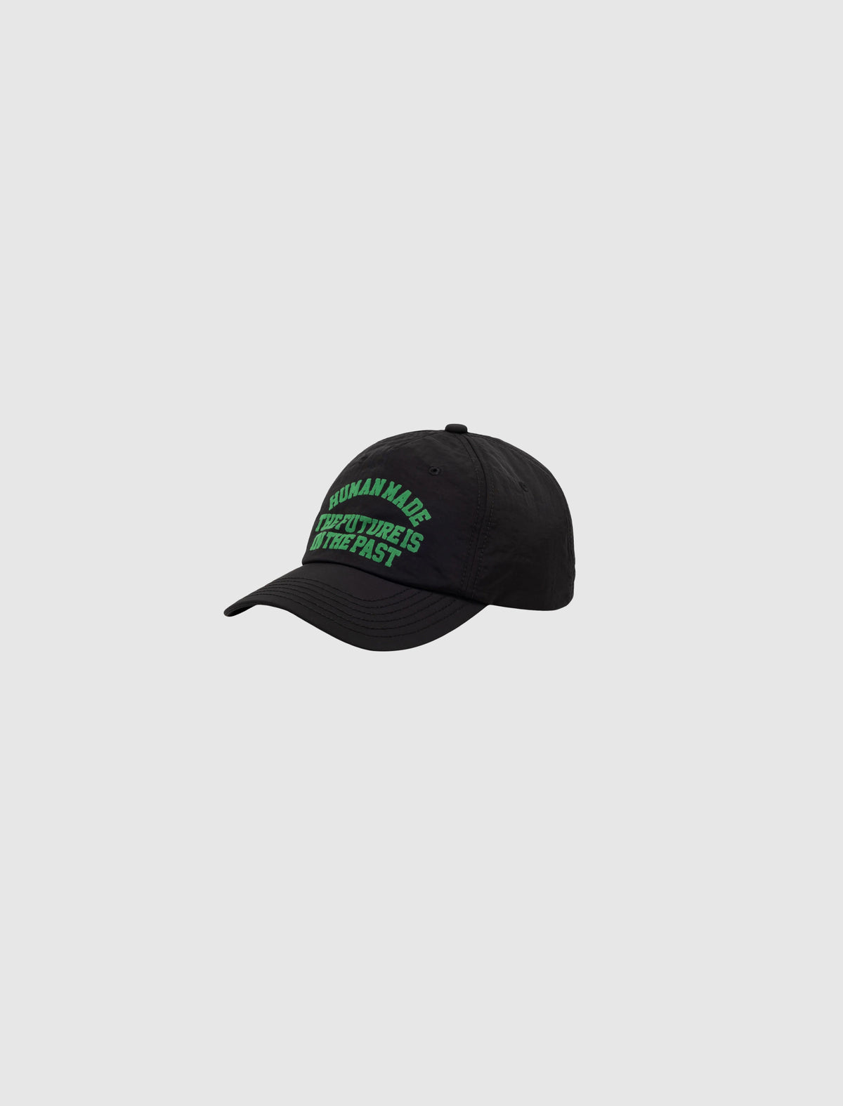 Black 5PANEL NYLON CAP featuring green embroidered text that reads The Future Is The Past.