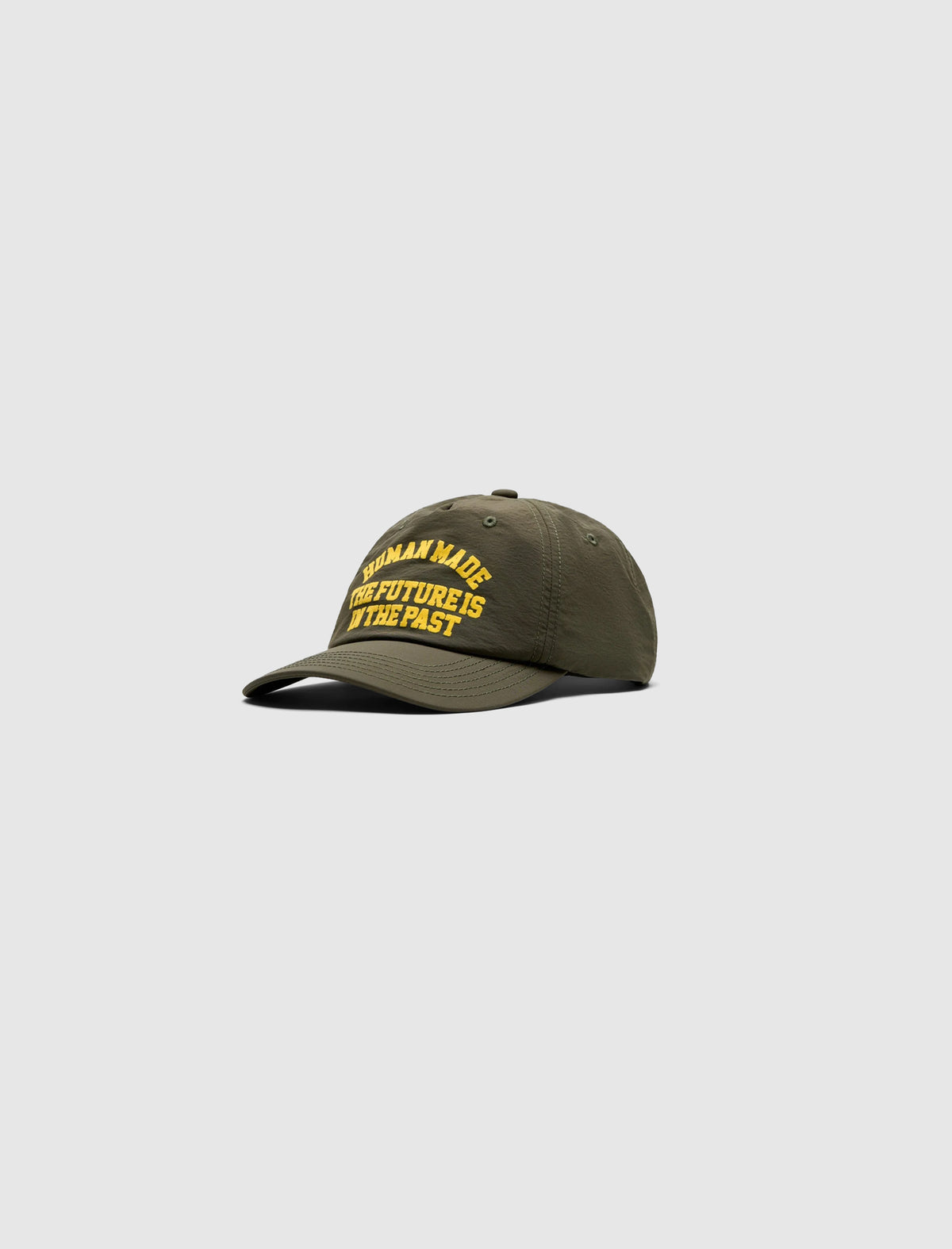 Olive green 5PANEL NYLON CAP with yellow text embroidered on the front reading The Future Is In The Past.