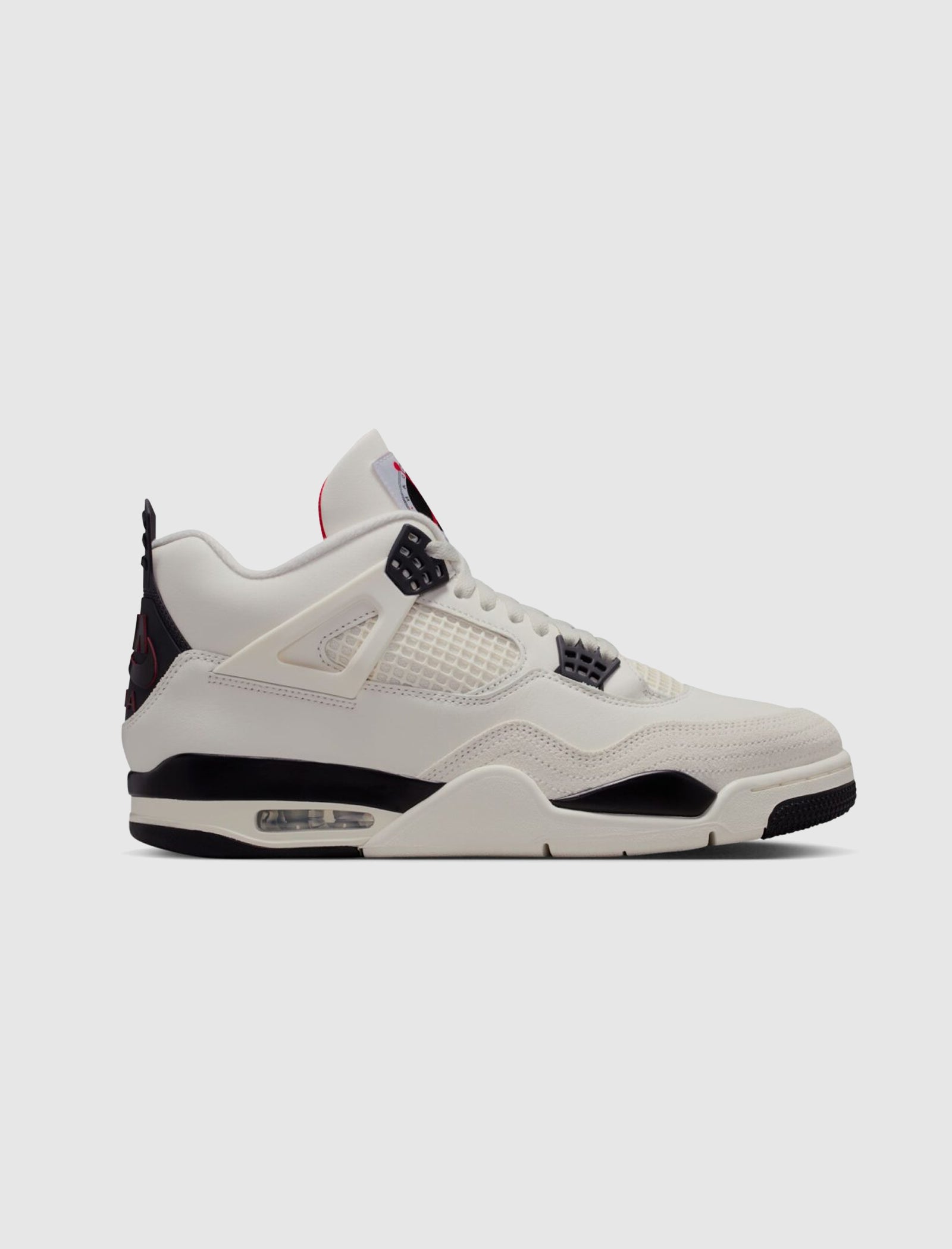 The AIR JORDAN 4 RETRO OG "FLIGHT CLUB" is a white and black mid-top sneaker featuring mesh side panels, visible air in the sole, black accents, a red tongue logo, and a nubuck upper, shown in side profile on a gray background.