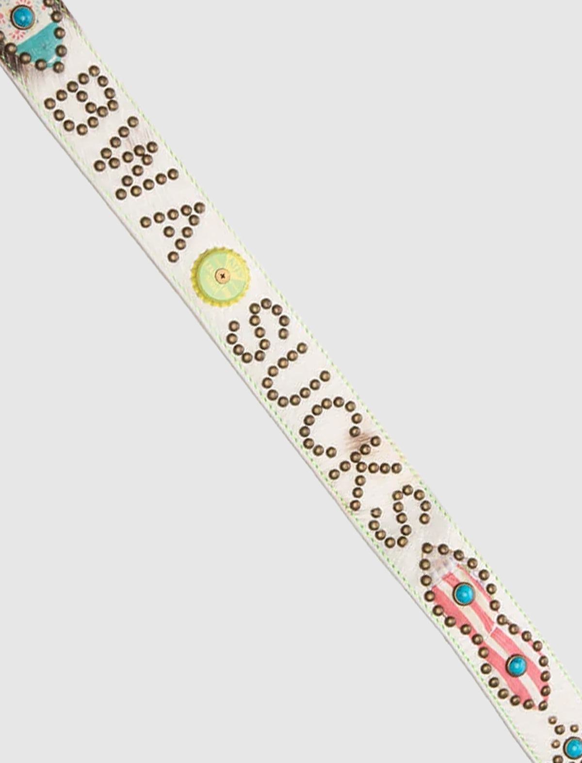 CHASTITY BELT, a light-colored leather belt decorated with metal studs spelling LIFE SUCKS, accented with colorful circular embellishments and turquoise-style stones, offering a unique accessory for vintage garments.
