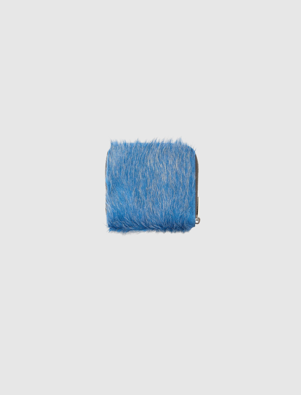 Square ZIPPED WALLET by Rick Owens in blue faux fur with a side zipper closure.