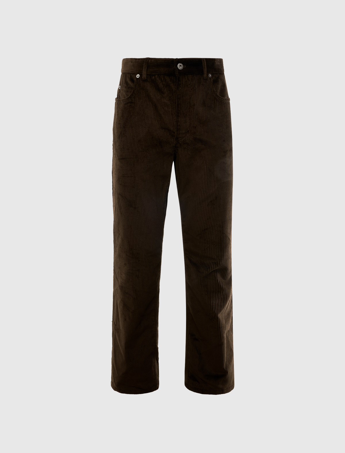 TROUSERS IN COTTON CORDUROY in dark brown, featuring a straight-leg fit, button closure, and front pockets.