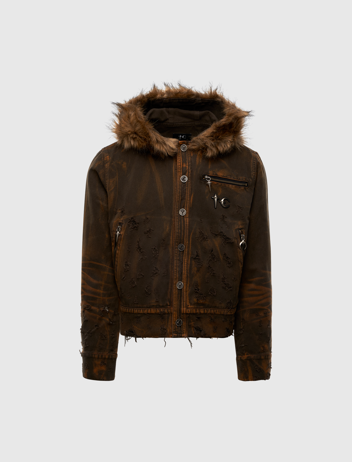 TWO TONE WASHED FUR HOODED JACKET