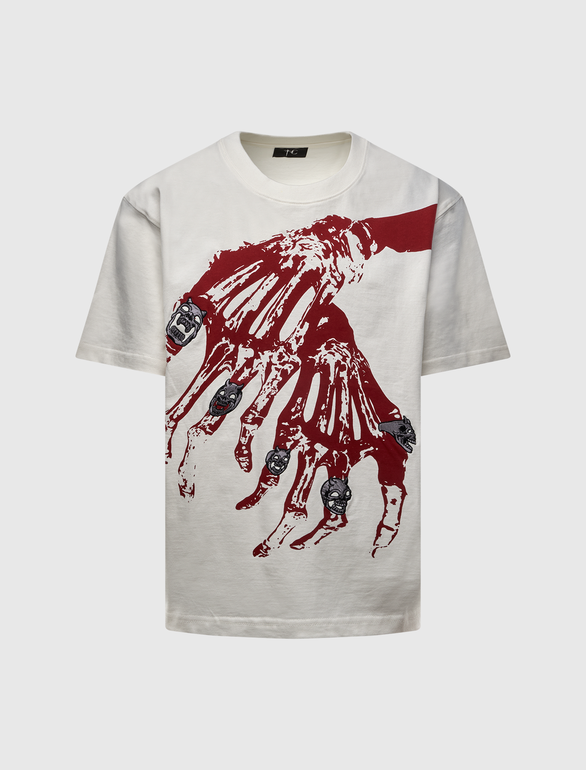 Off-white CROSS T SHIRT featuring two skeletal hands wearing skull rings.